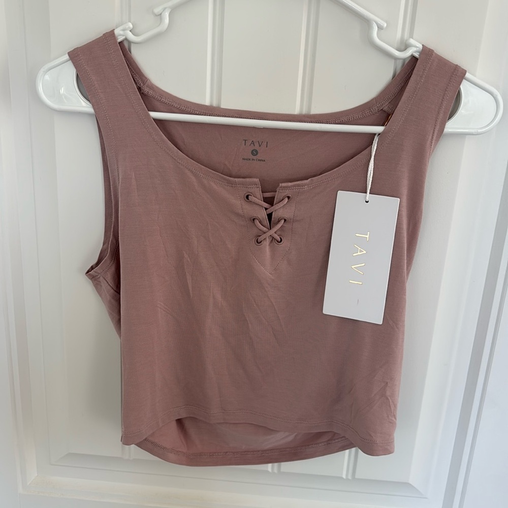 Tavi Crop Laced Up Tank. Color: Primrose. Designed for studio to street. New.